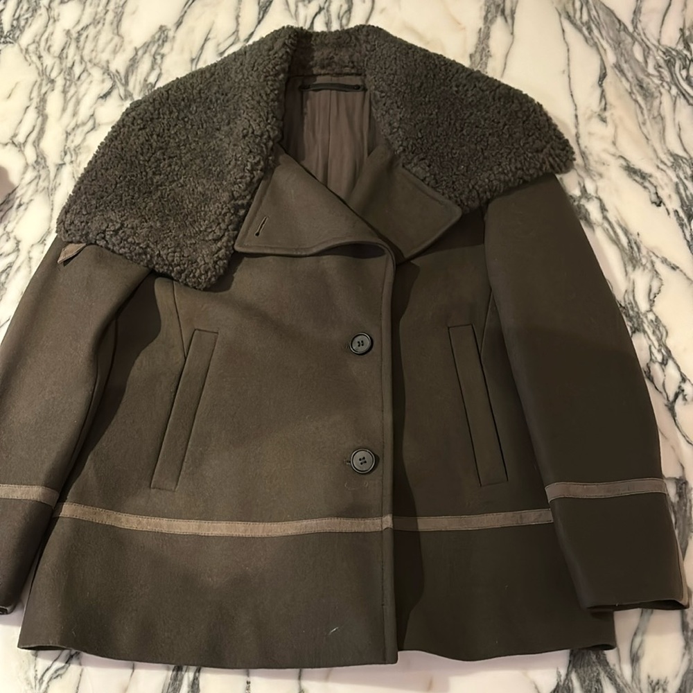 All Saints wool and shearling coat in dark green/grey, size 6, worn once